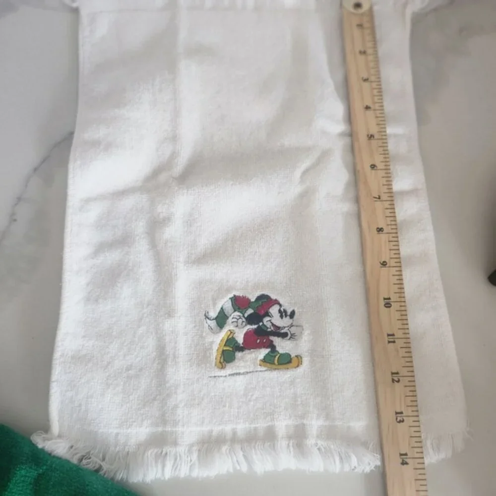 Vintage Disney Mickey Mouse Christmas Hand Towels‎ Set White Green Embroidered